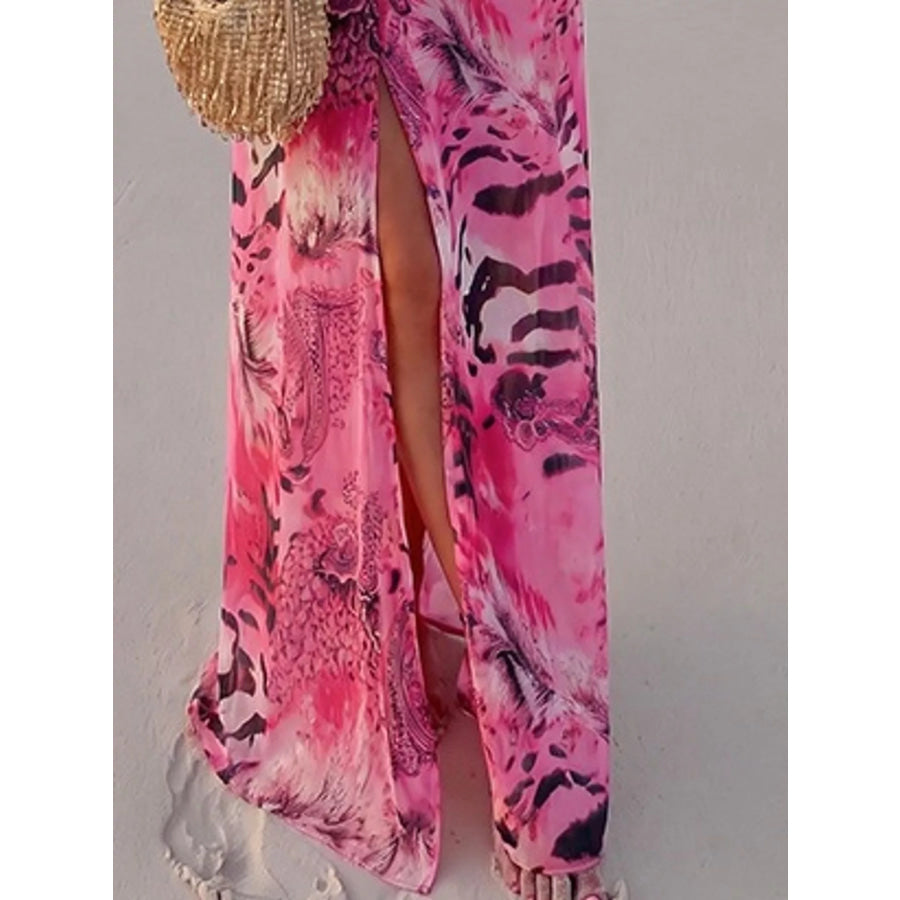 Deep V-Neck Long Sleeve Printed Maxi Dress Apparel and Accessories