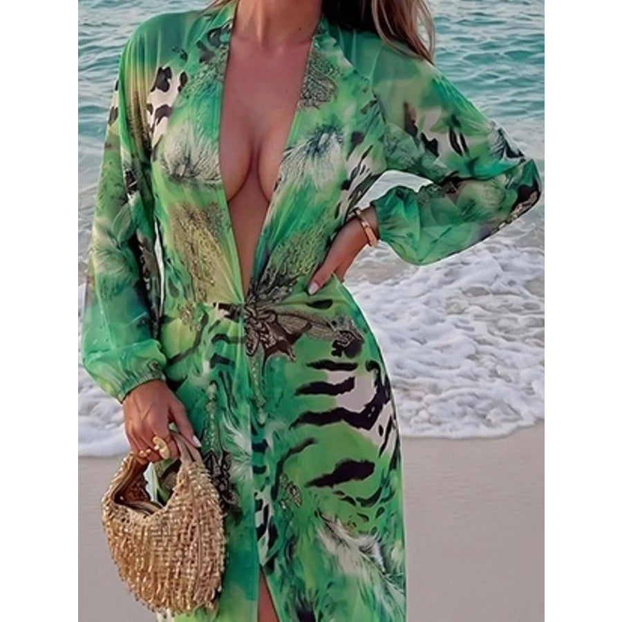 Deep V-Neck Long Sleeve Printed Maxi Dress Apparel and Accessories