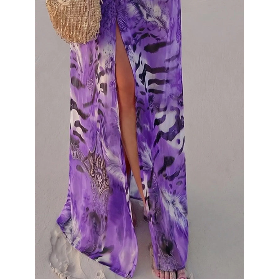 Deep V-Neck Long Sleeve Printed Maxi Dress Apparel and Accessories