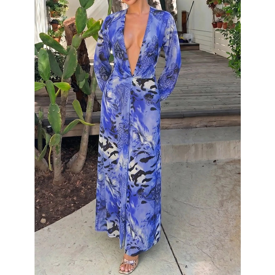 Deep V-Neck Long Sleeve Printed Maxi Dress Apparel and Accessories