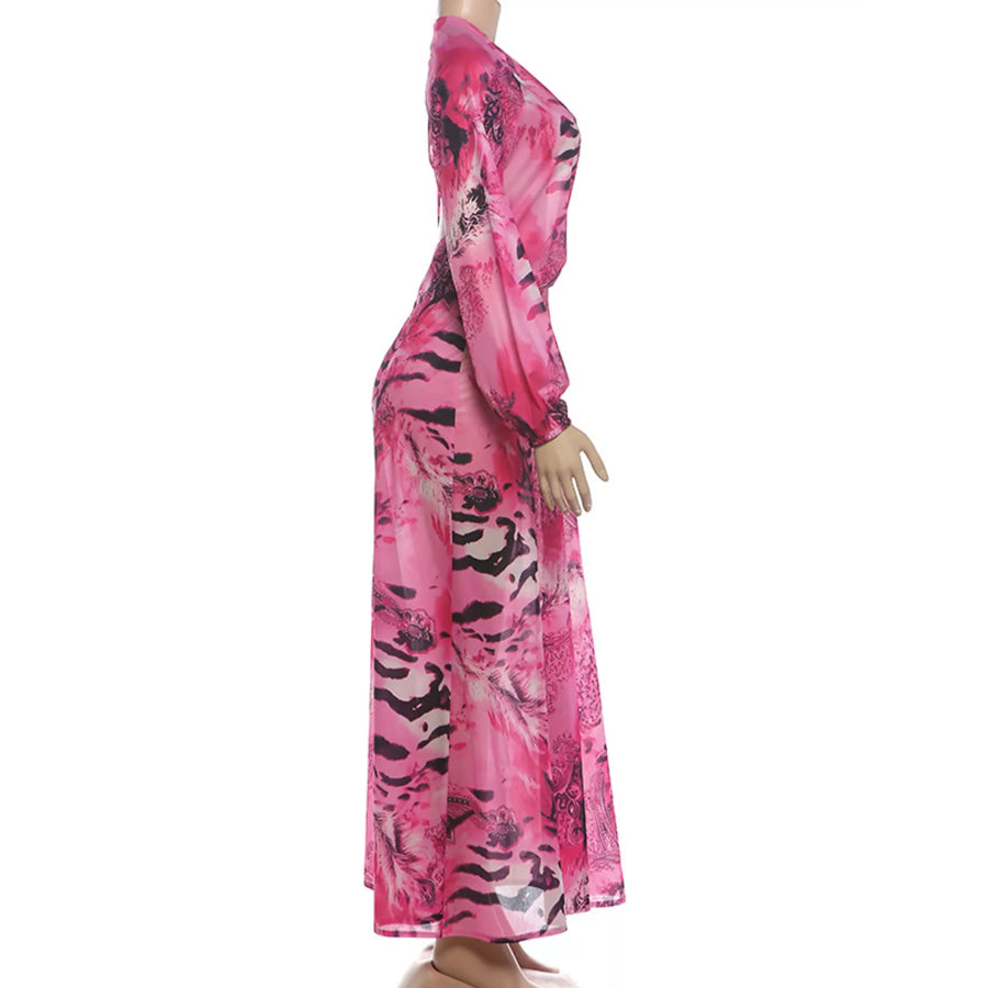 Deep V-Neck Long Sleeve Printed Maxi Dress Apparel and Accessories