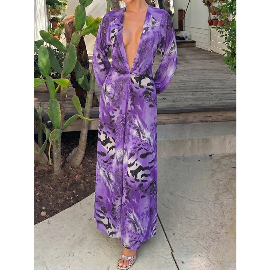 Deep V-Neck Long Sleeve Printed Maxi Dress Apparel and Accessories