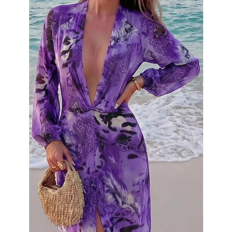 Deep V-Neck Long Sleeve Printed Maxi Dress Apparel and Accessories