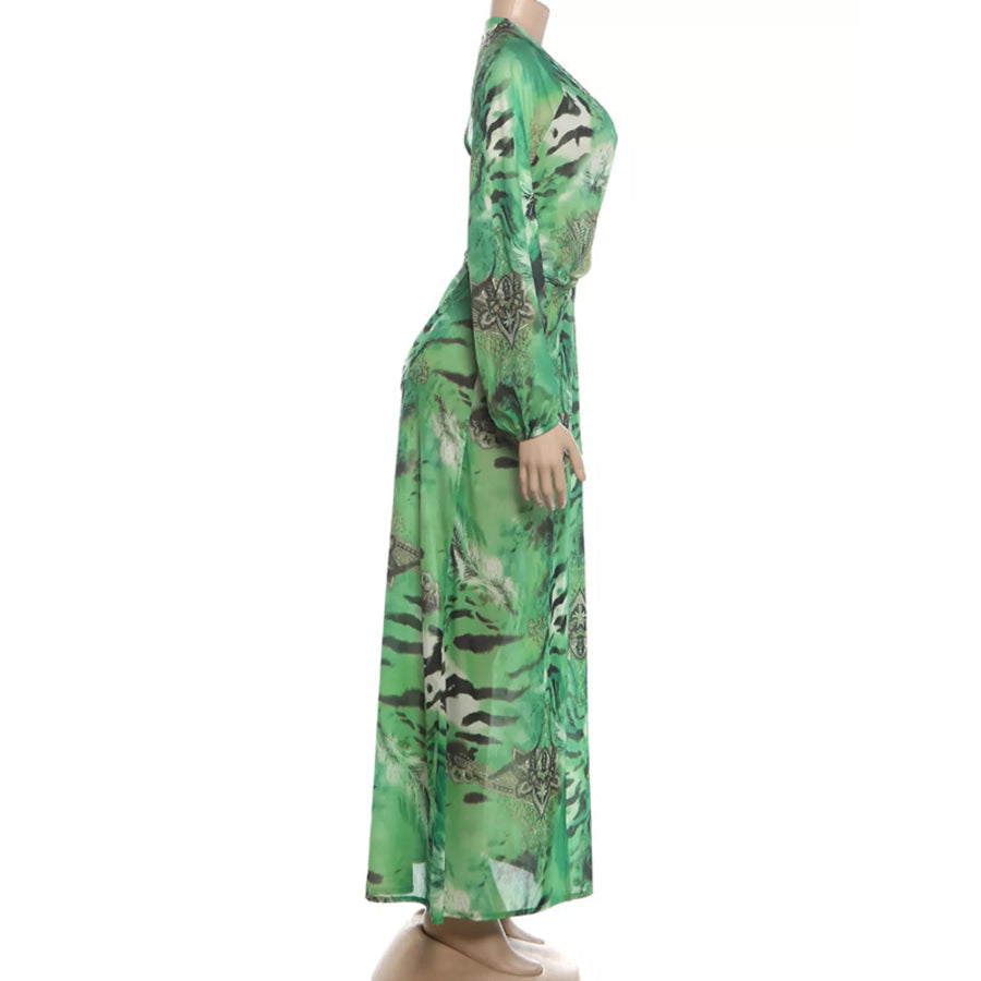 Deep V-Neck Long Sleeve Printed Maxi Dress Apparel and Accessories