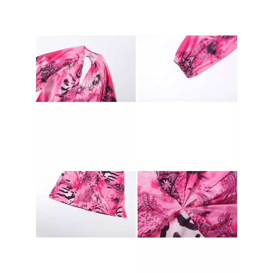 Deep V-Neck Long Sleeve Printed Maxi Dress Apparel and Accessories