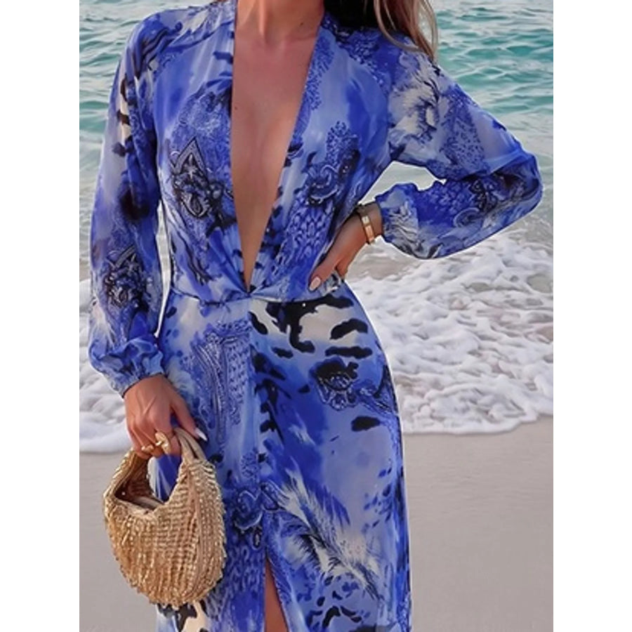 Deep V-Neck Long Sleeve Printed Maxi Dress Apparel and Accessories