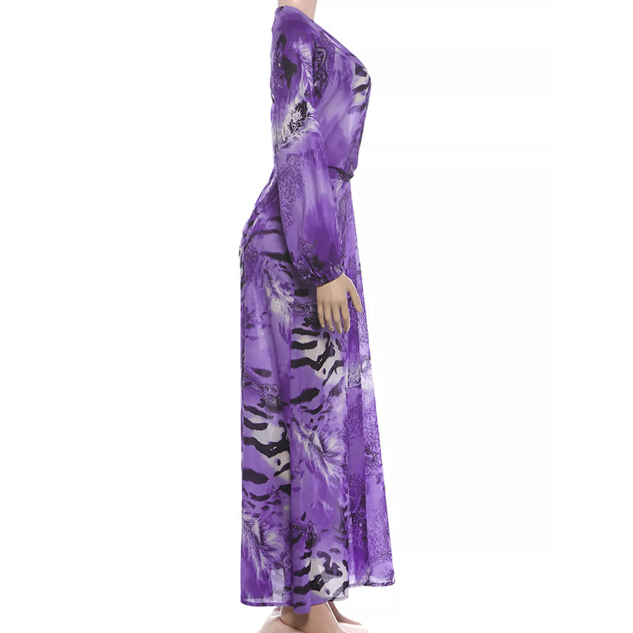 Deep V-Neck Long Sleeve Printed Maxi Dress Apparel and Accessories