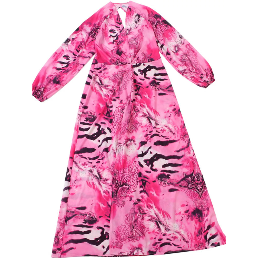 Deep V-Neck Long Sleeve Printed Maxi Dress Apparel and Accessories