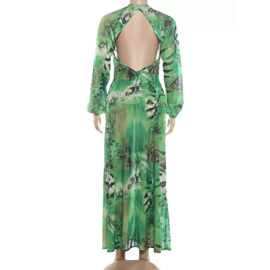 Deep V-Neck Long Sleeve Printed Maxi Dress Apparel and Accessories