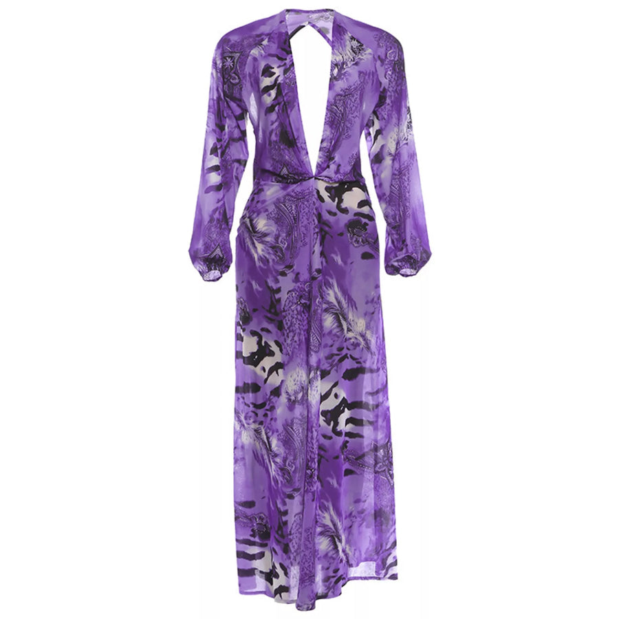 Deep V-Neck Long Sleeve Printed Maxi Dress Apparel and Accessories