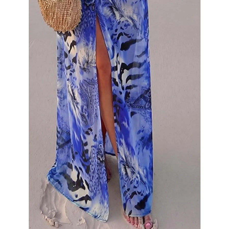 Deep V-Neck Long Sleeve Printed Maxi Dress Apparel and Accessories