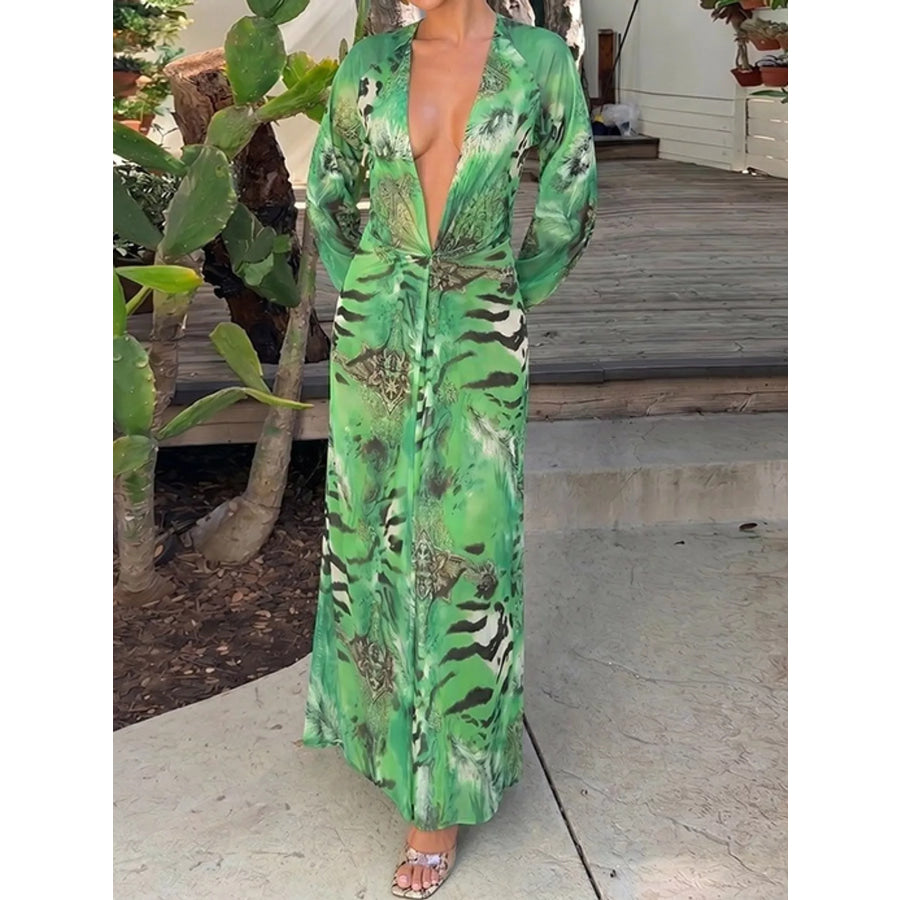 Deep V-Neck Long Sleeve Printed Maxi Dress Apparel and Accessories