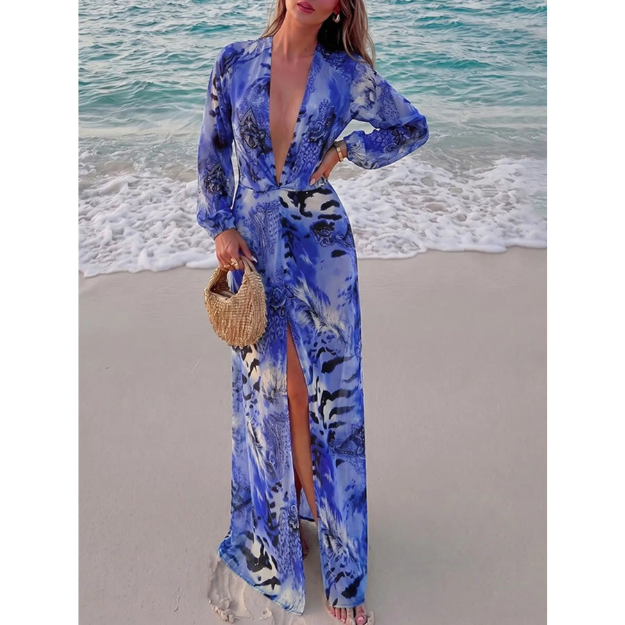 Deep V-Neck Long Sleeve Printed Maxi Dress Blue / XS Apparel and Accessories