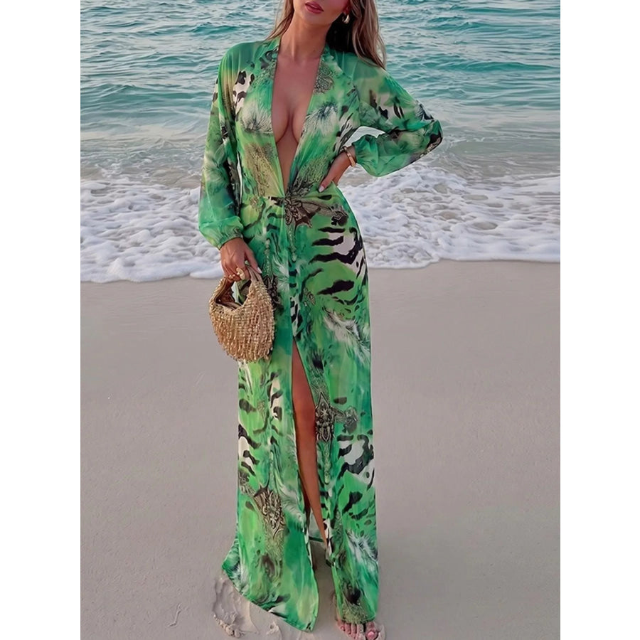 Deep V-Neck Long Sleeve Printed Maxi Dress Green / XS Apparel and Accessories