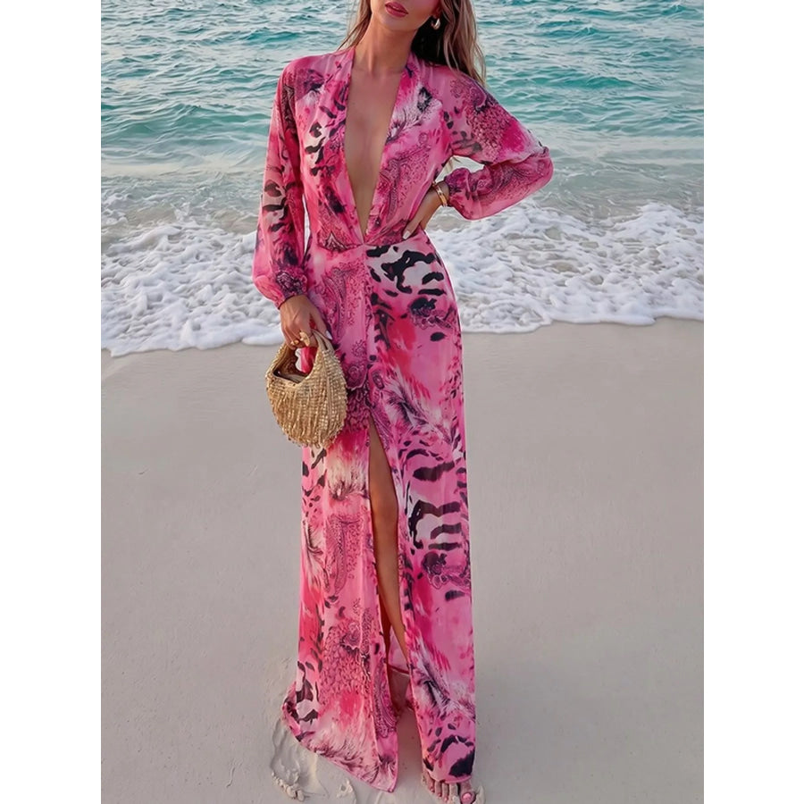 Deep V-Neck Long Sleeve Printed Maxi Dress Pink / XS Apparel and Accessories