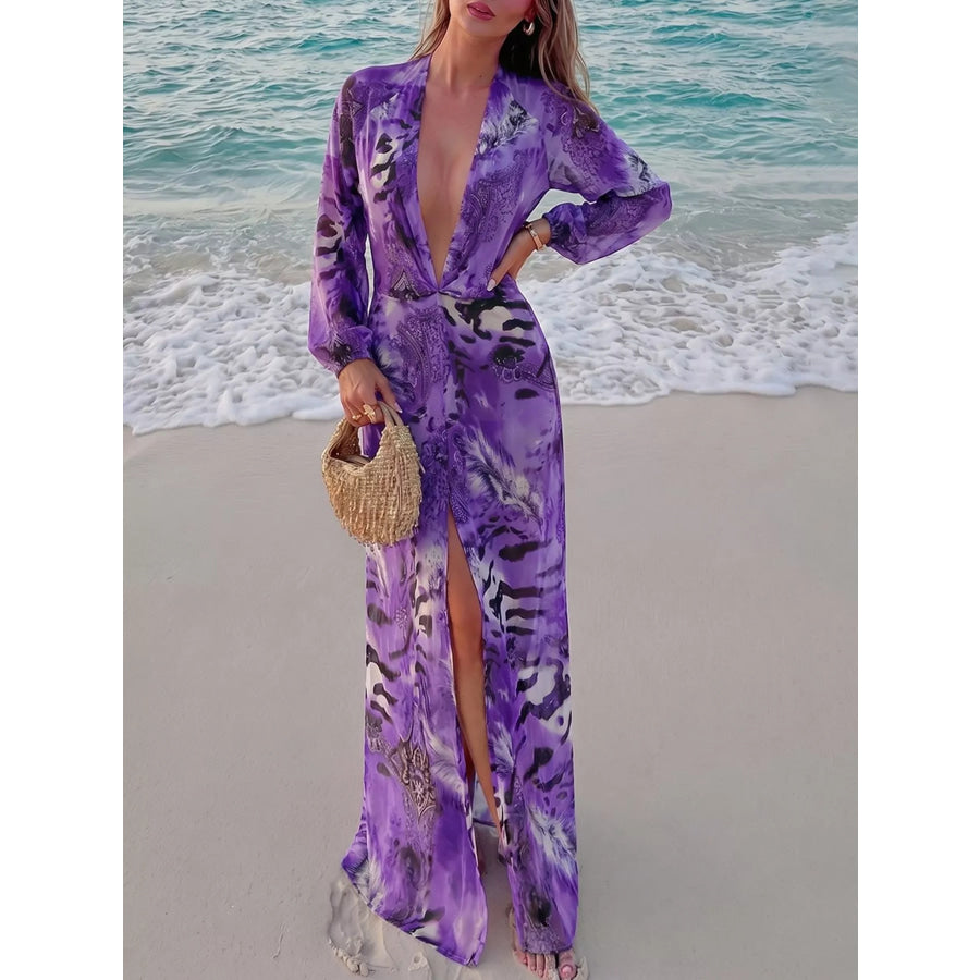 Deep V-Neck Long Sleeve Printed Maxi Dress Purple / XS Apparel and Accessories