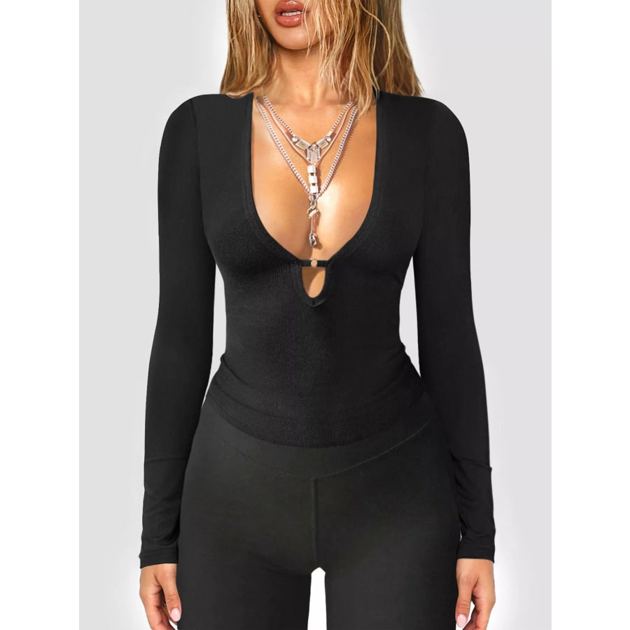 Deep V-Neck Long Sleeve Top Black / S Apparel and Accessories