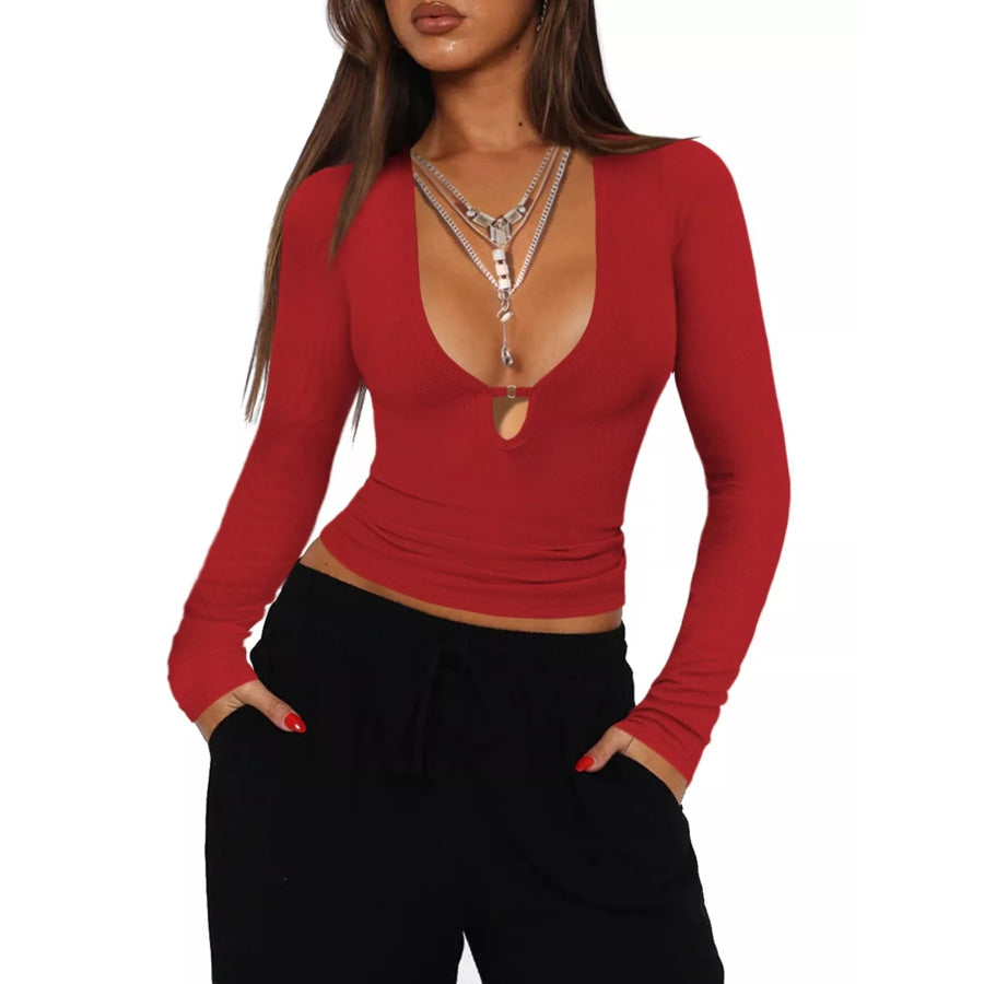 Deep V-Neck Long Sleeve Top Burgundy / S Apparel and Accessories