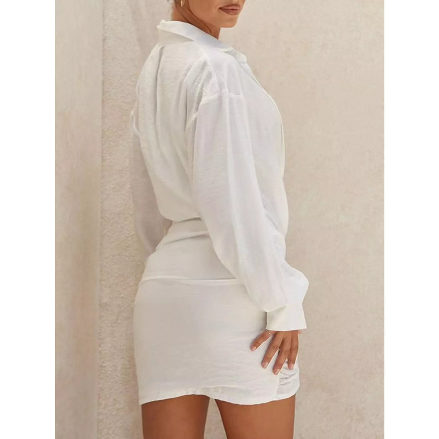 Deep V-Neck Ruched Asymmetrical Mini Dress Apparel and Accessories