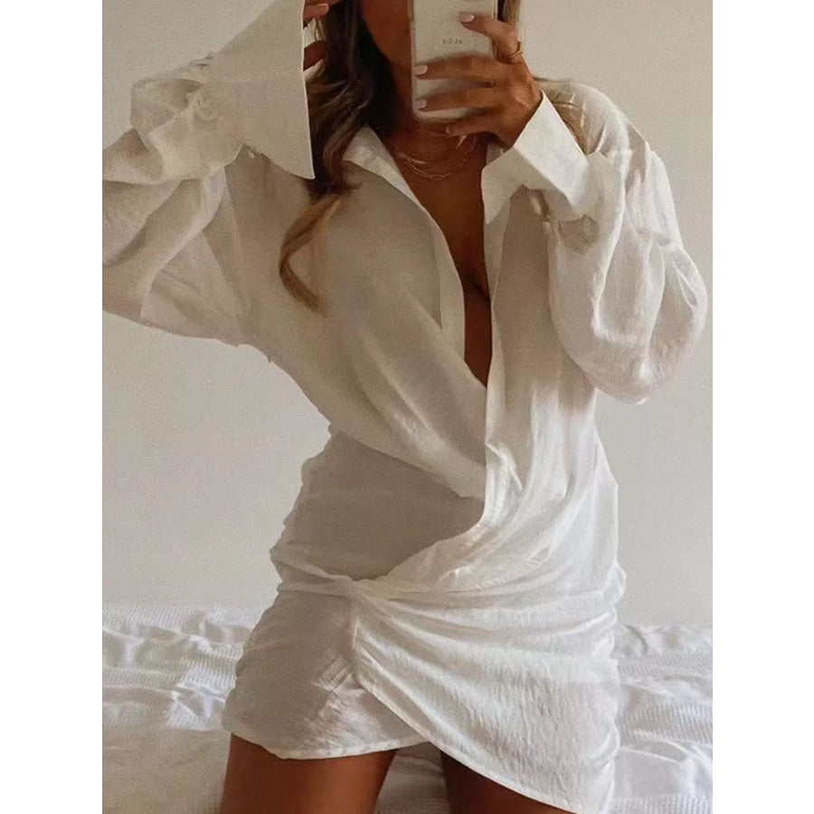 Deep V-Neck Ruched Asymmetrical Mini Dress Apparel and Accessories