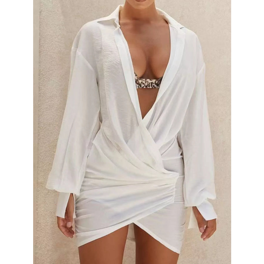 Deep V-Neck Ruched Asymmetrical Mini Dress Apparel and Accessories
