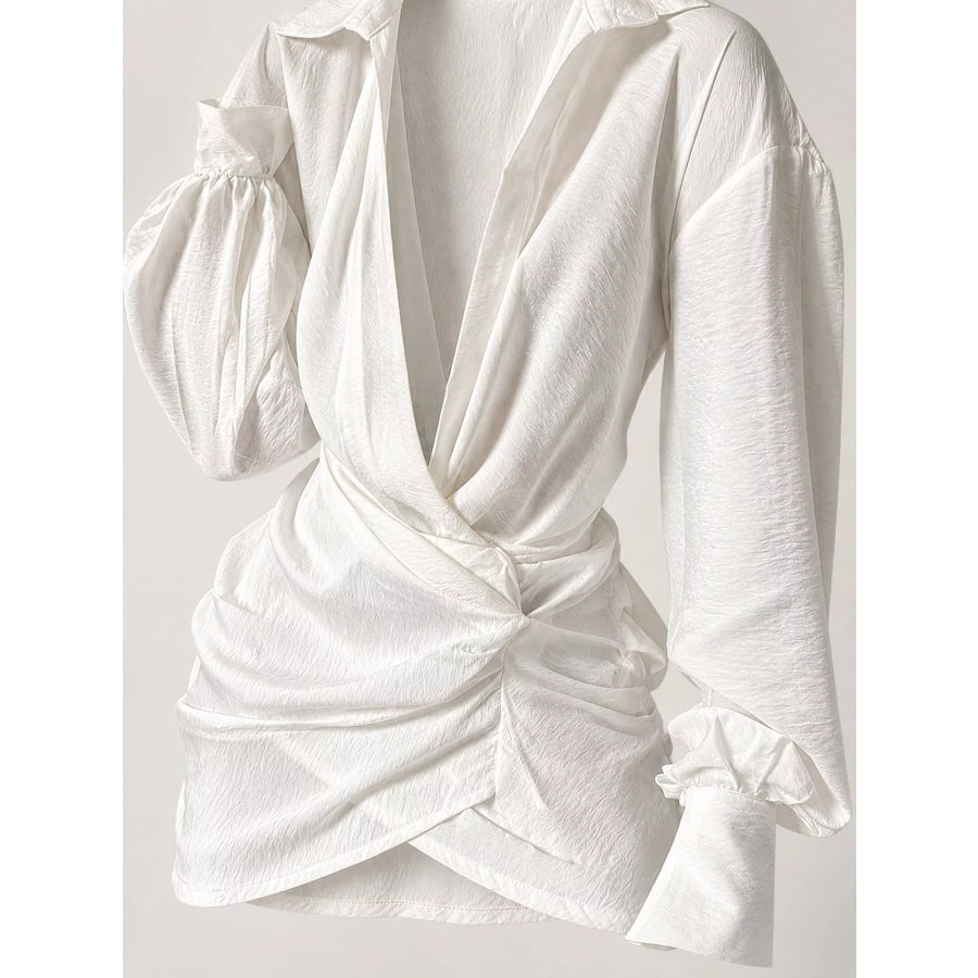 Deep V-Neck Ruched Asymmetrical Mini Dress Apparel and Accessories
