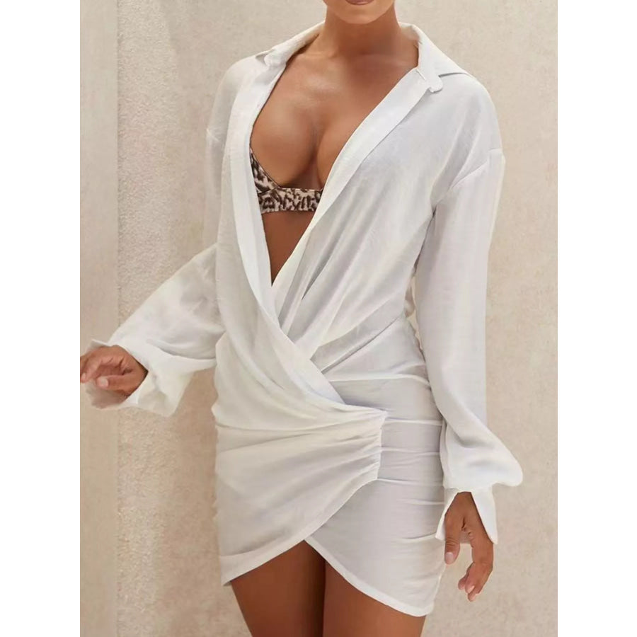 Deep V-Neck Ruched Asymmetrical Mini Dress Apparel and Accessories