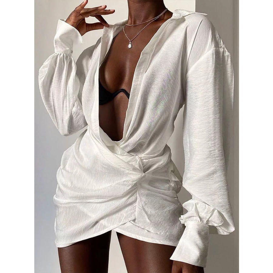 Deep V-Neck Ruched Asymmetrical Mini Dress White / S Apparel and Accessories