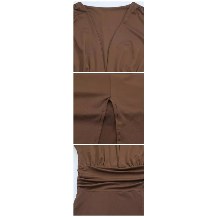 Deep V-Neck Ruched Bodycon Dress with High Slit Apparel and Accessories