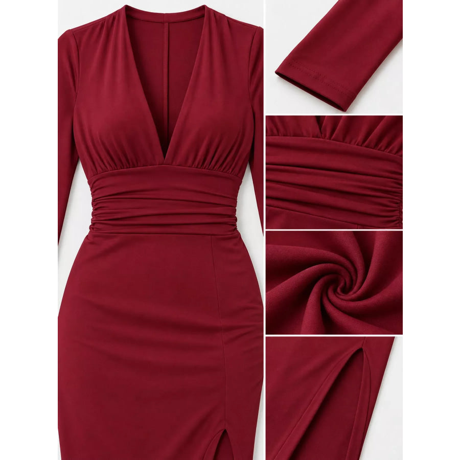 Deep V-Neck Ruched Bodycon Dress with High Slit Apparel and Accessories