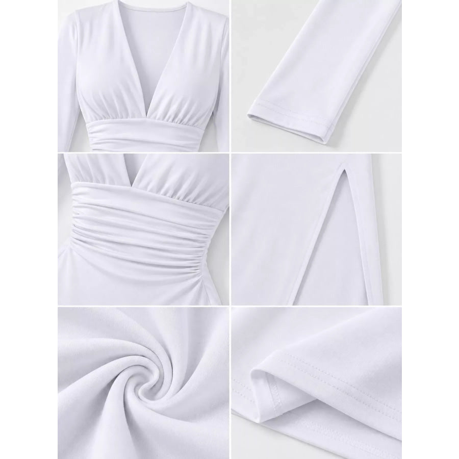 Deep V-Neck Ruched Bodycon Dress with High Slit Apparel and Accessories
