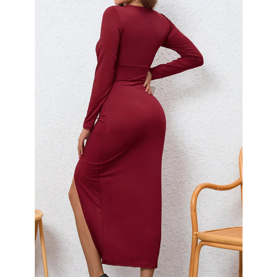 Deep V-Neck Ruched Bodycon Dress with High Slit Apparel and Accessories