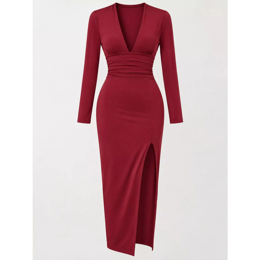 Deep V-Neck Ruched Bodycon Dress with High Slit Apparel and Accessories