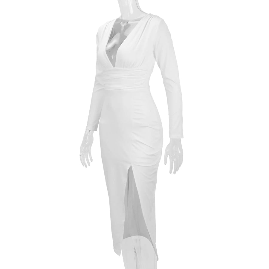 Deep V-Neck Ruched Bodycon Dress with High Slit Apparel and Accessories