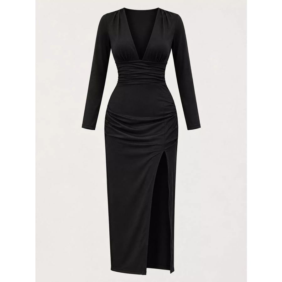Deep V-Neck Ruched Bodycon Dress with High Slit Apparel and Accessories