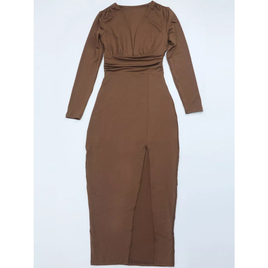 Deep V-Neck Ruched Bodycon Dress with High Slit Apparel and Accessories