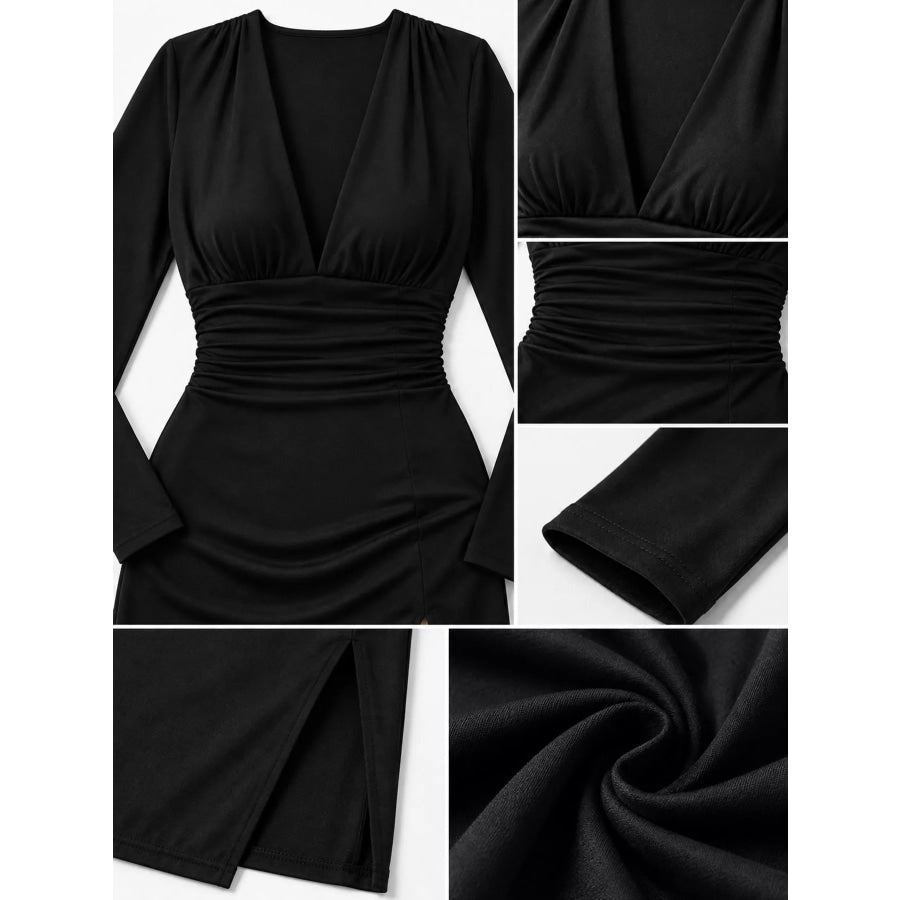 Deep V-Neck Ruched Bodycon Dress with High Slit Apparel and Accessories