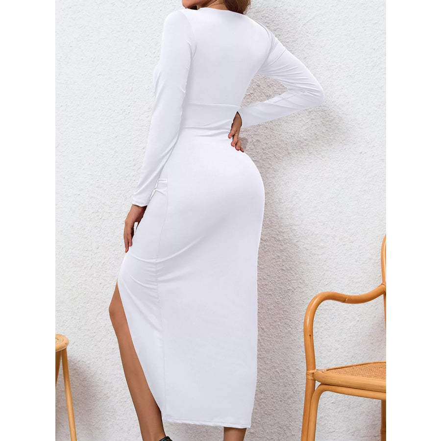 Deep V-Neck Ruched Bodycon Dress with High Slit Apparel and Accessories