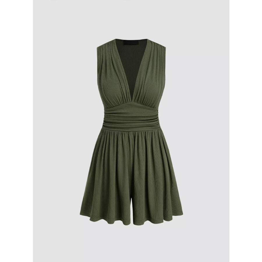 Deep V-Neck Ruched Sleeveless Romper Apparel and Accessories