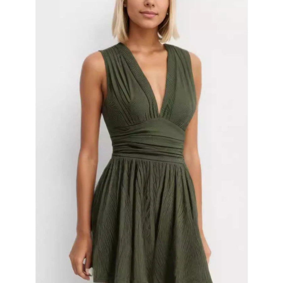 Deep V-Neck Ruched Sleeveless Romper Army Green / S Apparel and Accessories
