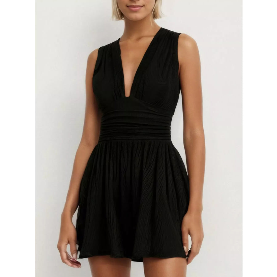Deep V-Neck Ruched Sleeveless Romper Black / S Apparel and Accessories