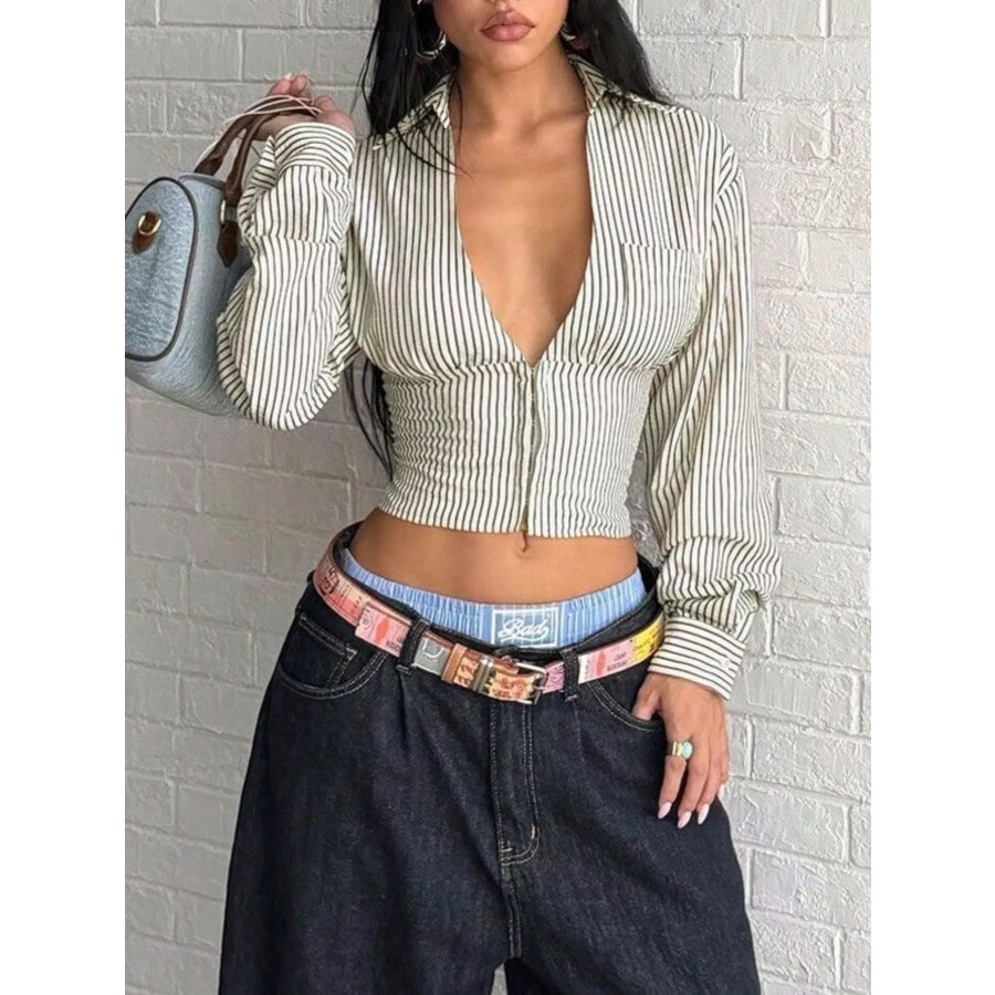 Deep V-Neck Striped Long Sleeve Blouse Apparel and Accessories