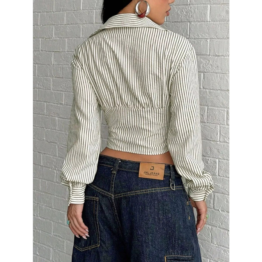 Deep V-Neck Striped Long Sleeve Blouse Apparel and Accessories