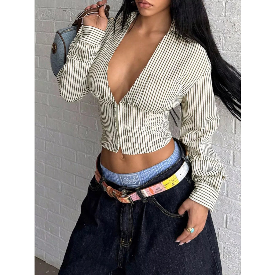Deep V-Neck Striped Long Sleeve Blouse Apparel and Accessories