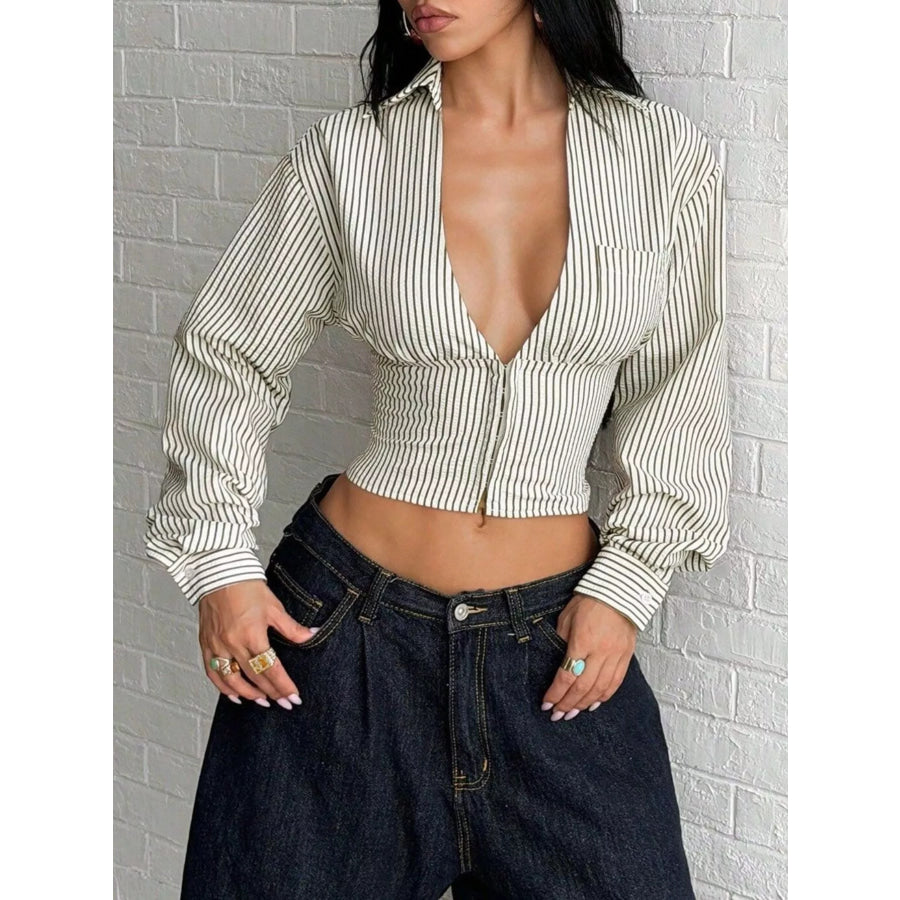 Deep V-Neck Striped Long Sleeve Blouse Apricot / S Apparel and Accessories