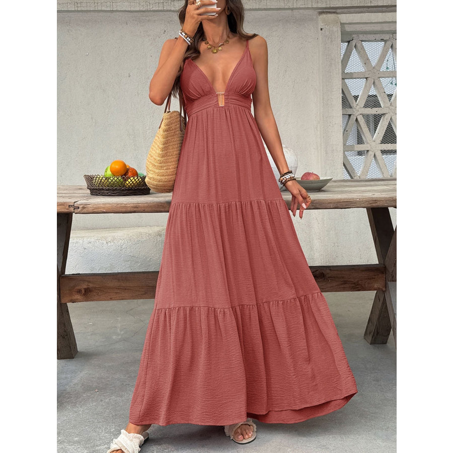 Deep V-Neck Tiered Maxi Dress Red / S Apparel and Accessories
