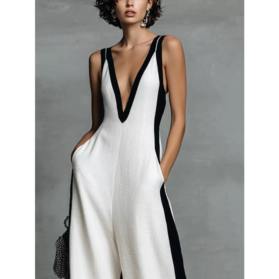 Deep V-Neck Wide-Leg Jumpsuit Apparel and Accessories