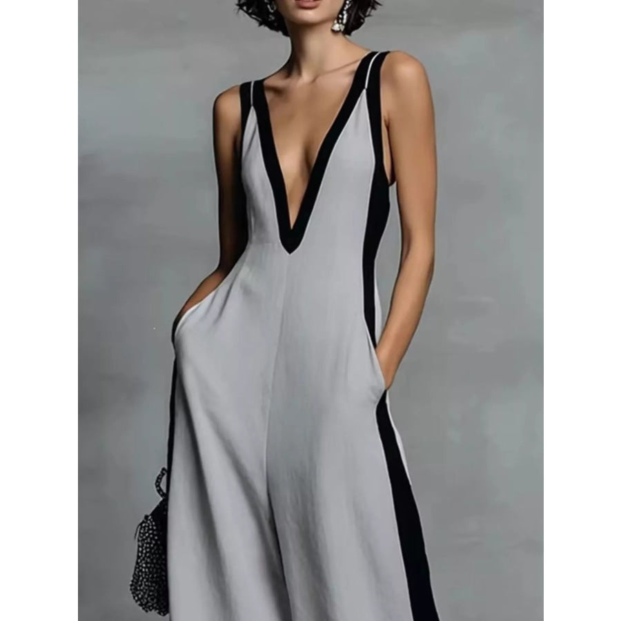 Deep V-Neck Wide-Leg Jumpsuit Apparel and Accessories