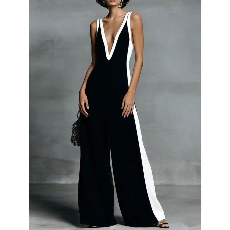 Deep V-Neck Wide-Leg Jumpsuit Black / S Apparel and Accessories