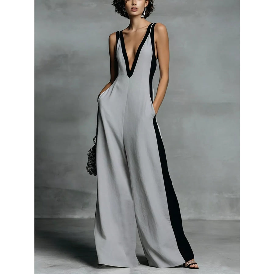 Deep V-Neck Wide-Leg Jumpsuit Gray / S Apparel and Accessories